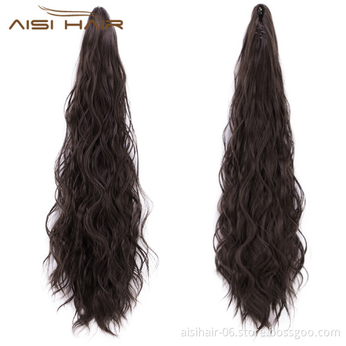 Aisi Hair Heat Resistant Fiber Long Wavy Dark Brown Claw On Ponytail Hair Extensions Claw Pony Tail Synthetic Hairpiece